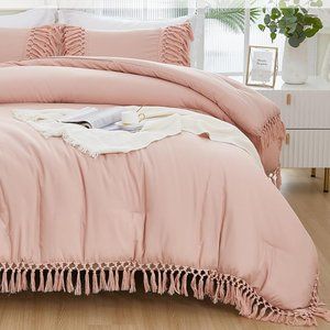 Blush Pink Boho Tassels Full Size Bed Comforter Shams Bohemian Bedding Set New